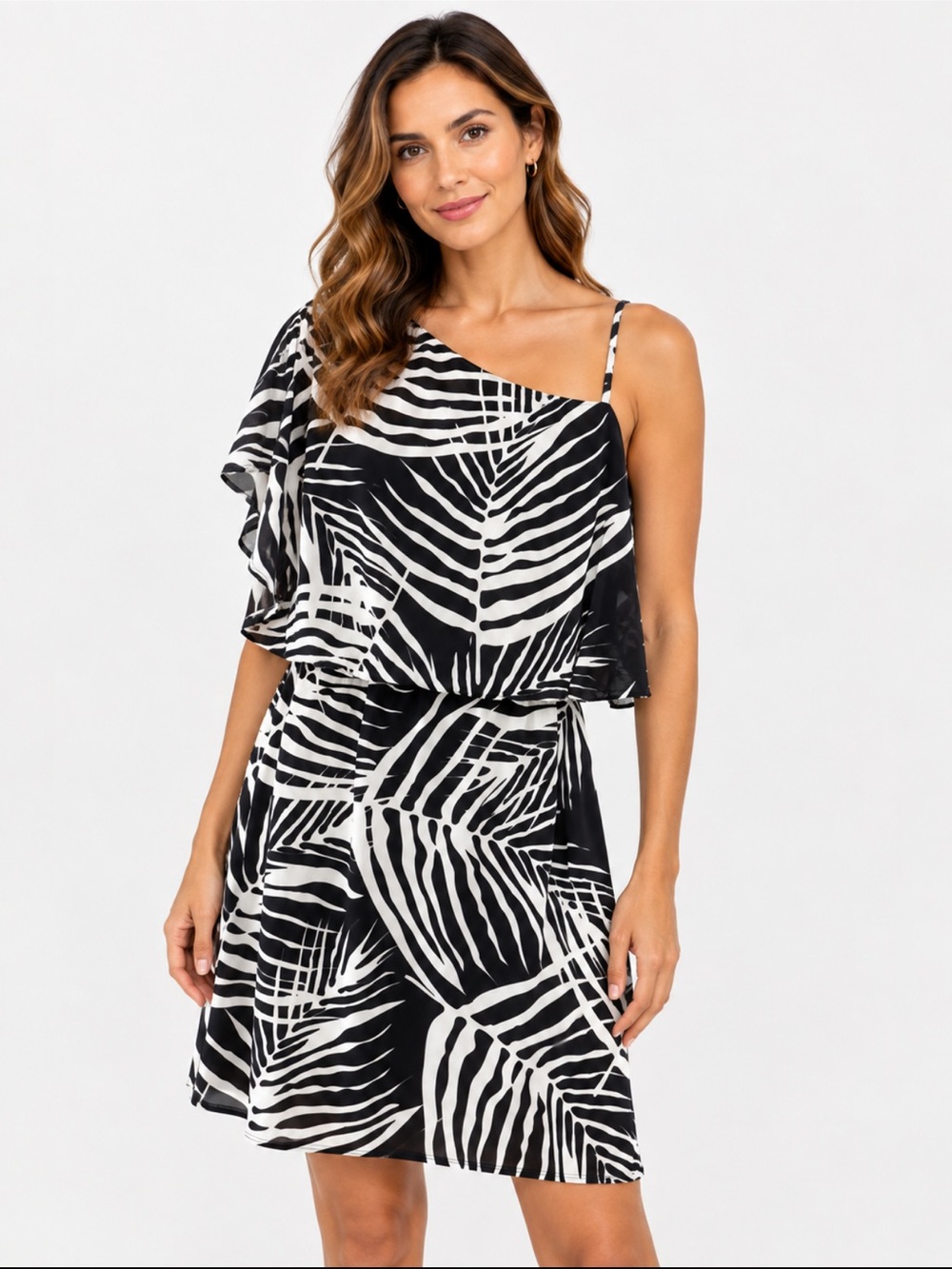 Cato Women’s M Black White Tropical Palm Print One Shoulder Dress
